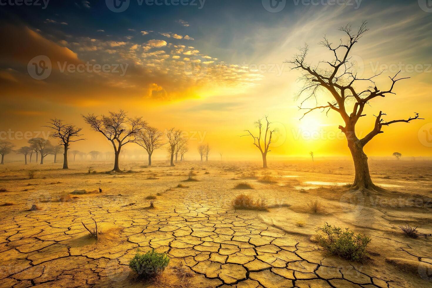 Desolate landscape with cracked earth and dead trees under hazy yellow sky photo