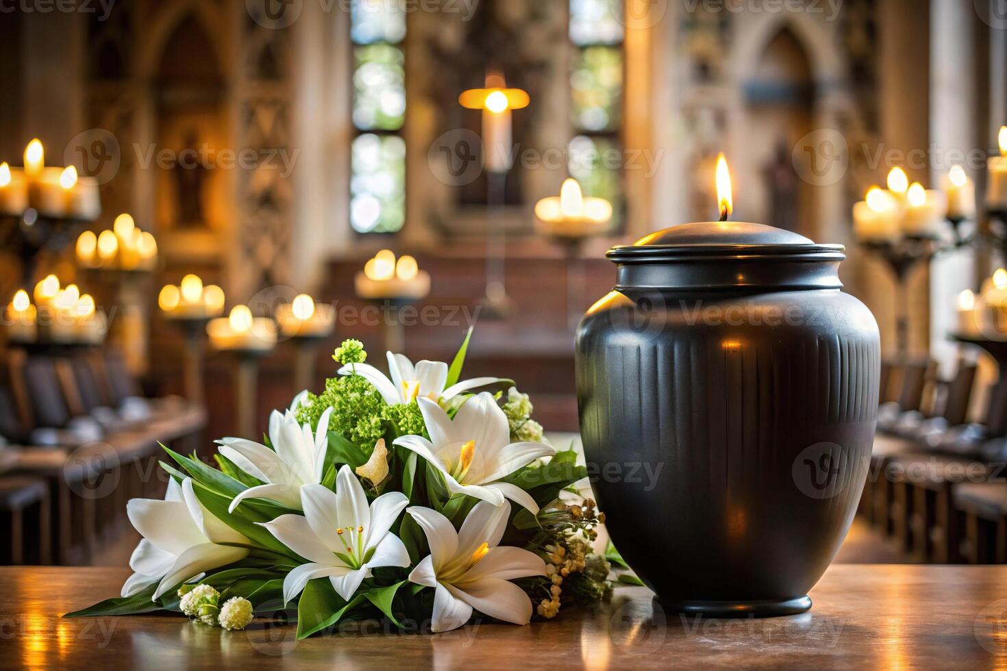 Cremation urn with white lilies and burning candles in church setting, ashes and white flowers photo