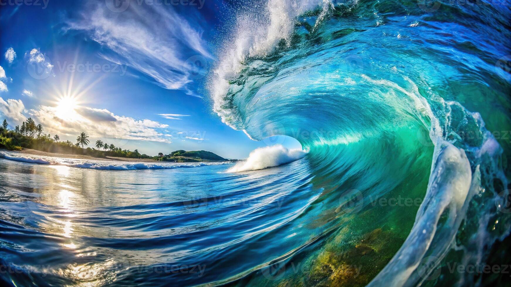 desktop wallpaper of savage ocean waves battling with fisheye effect photo