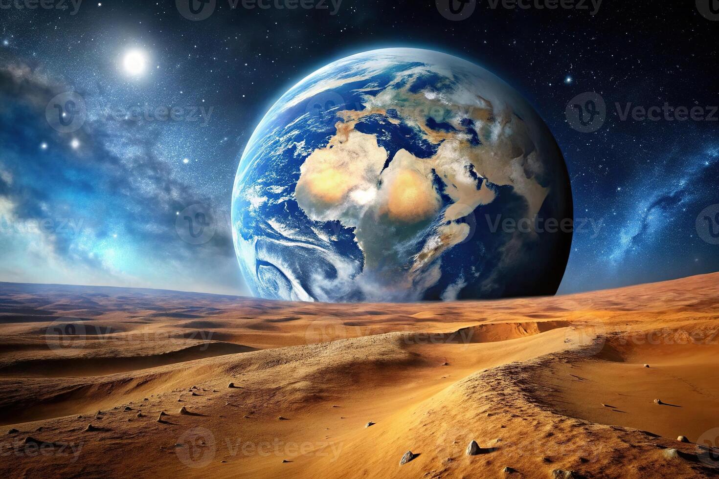 Desolate lunar desert landscape on an outer planet with earth in the background at a tilted angle photo