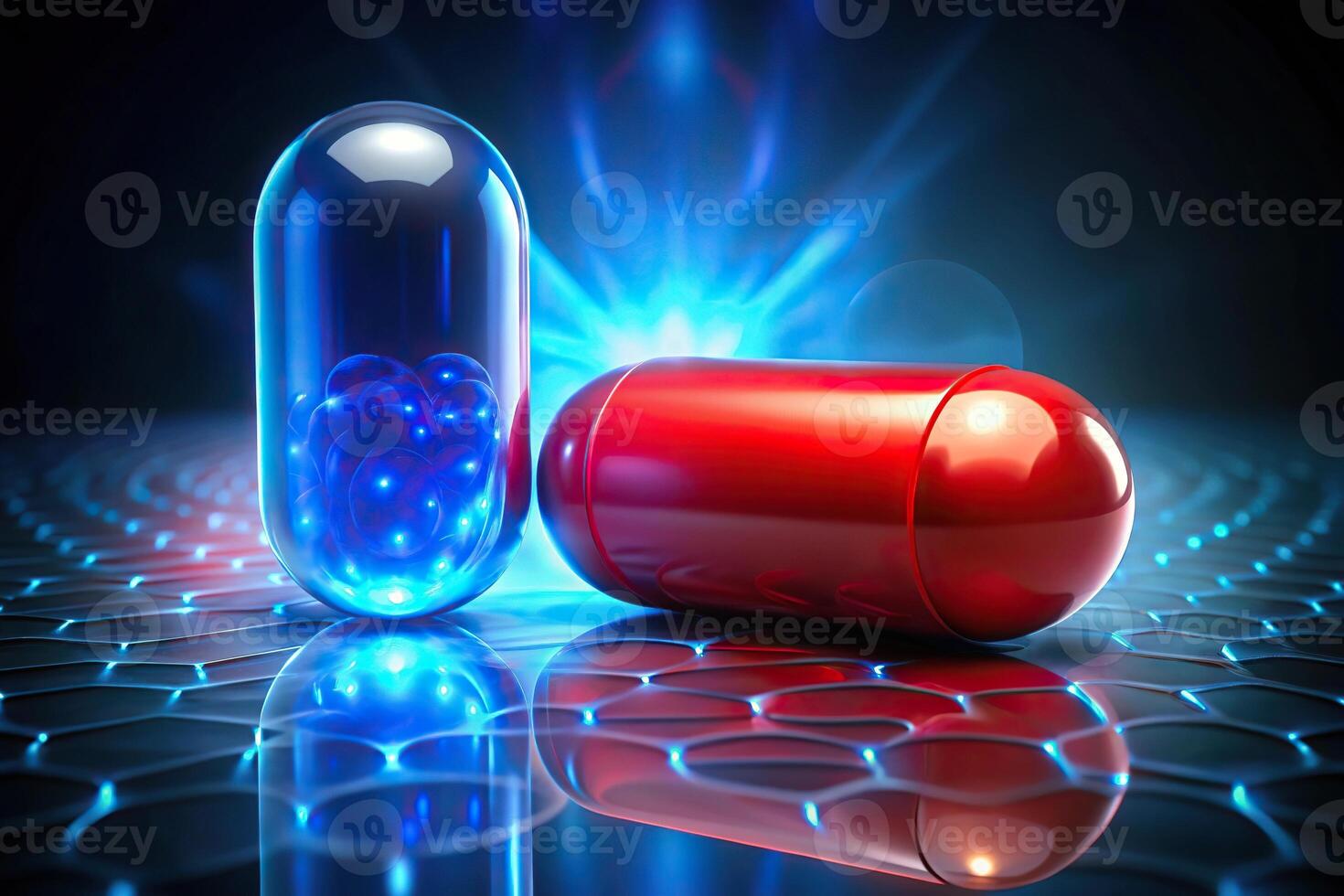 Dark mage inspired composition featuring a red pill and a blue light photo