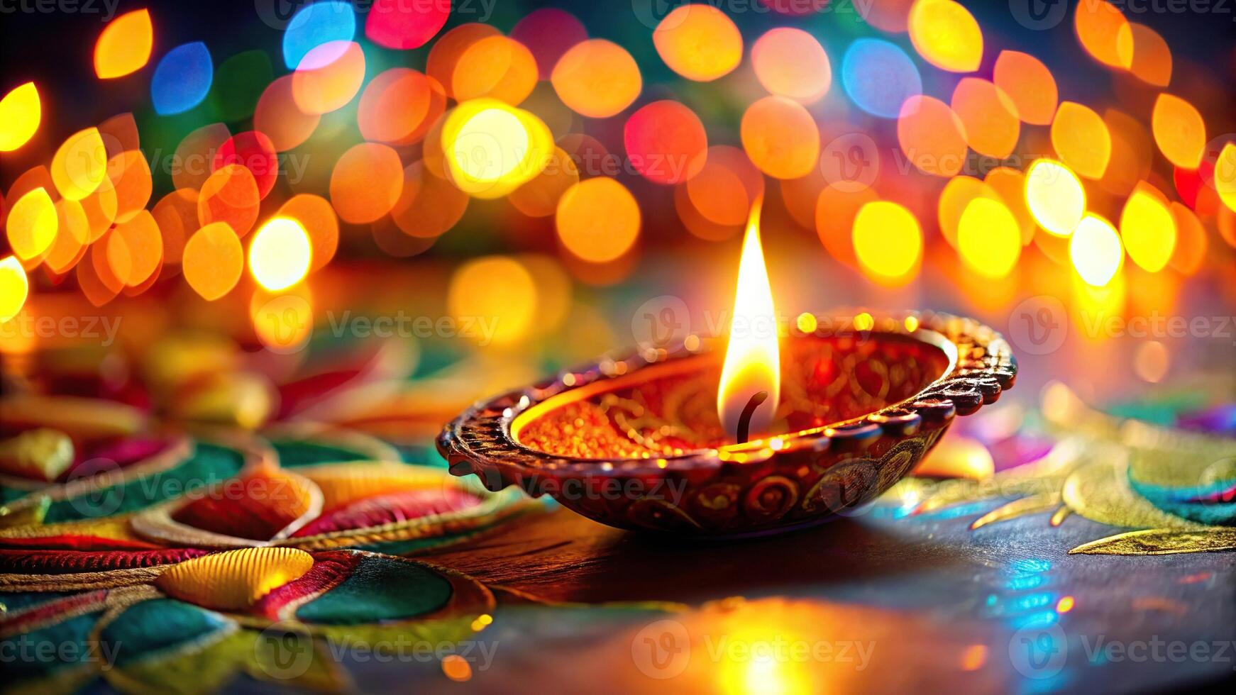 Diwali festival background with tilted angle view of burning diya photo