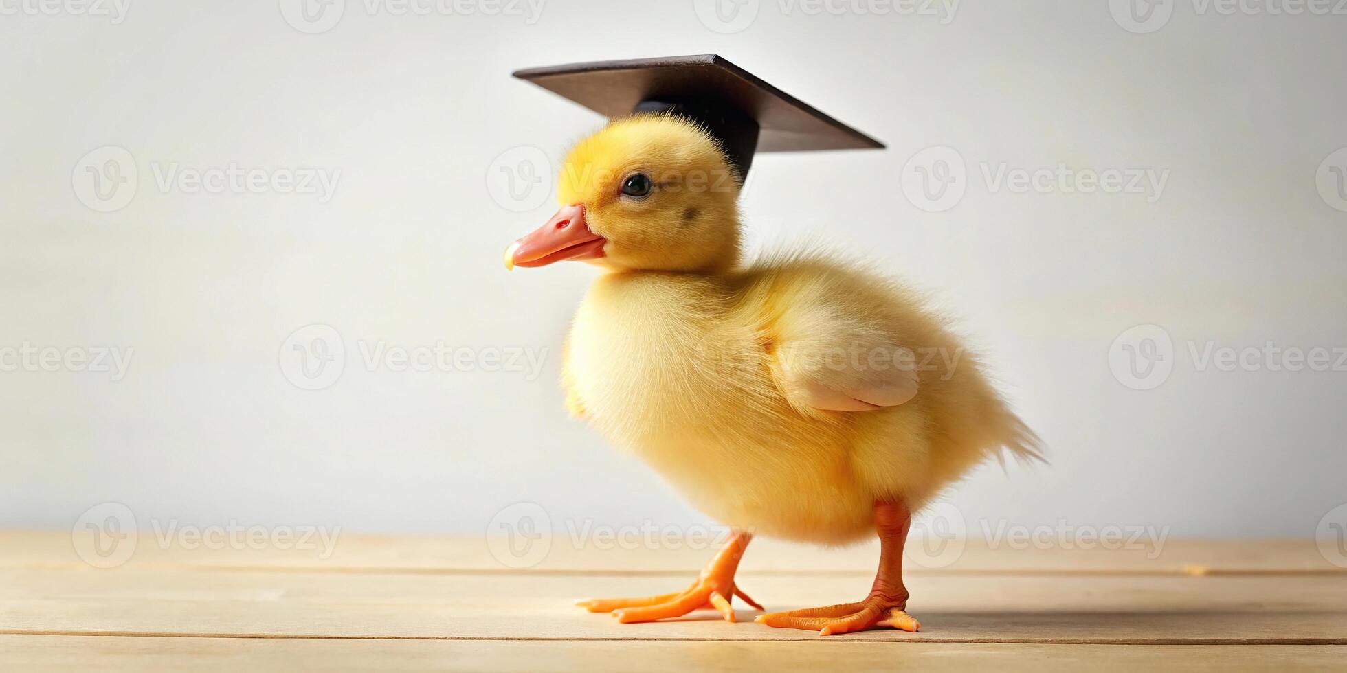 duckling wearing graduation cap standing in the middle of leading lines photo