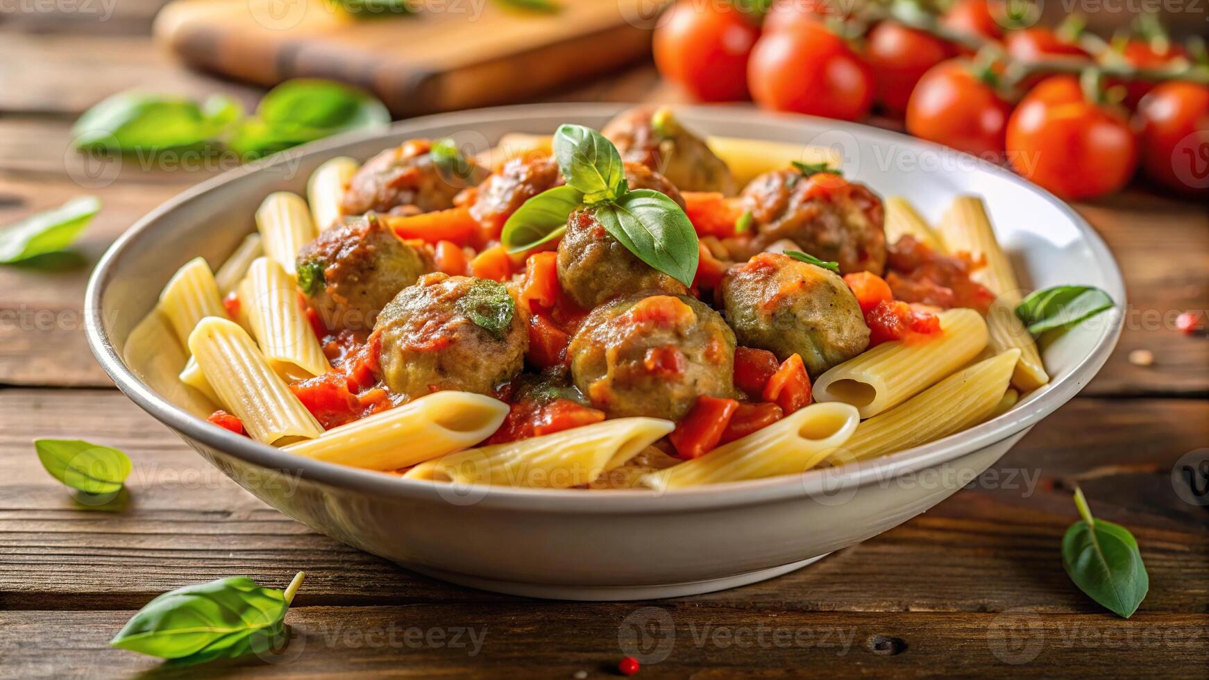 Depth of field penne pasta with meatballs in tomato sauce garnished with basil photo