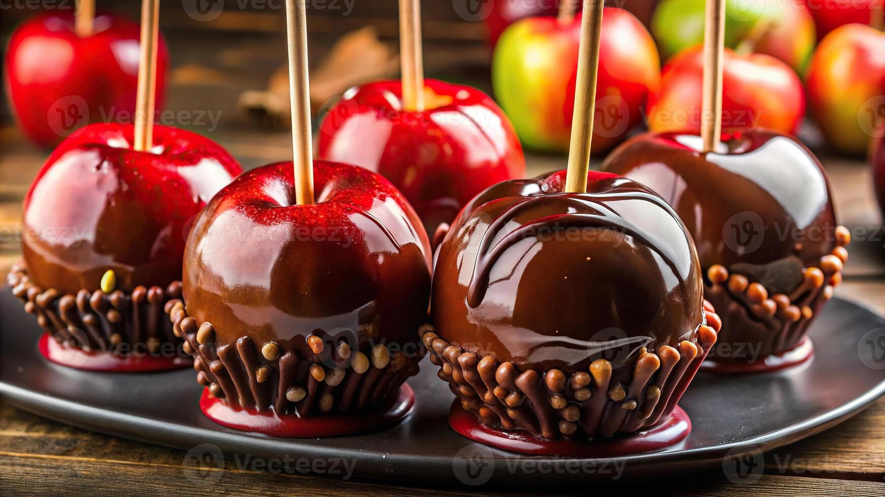 Depth of field photo depicting red taffy apples and melted chocolate covered apples