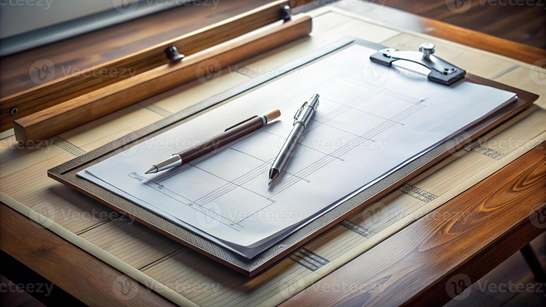 future creative workspace with pen on architectural master plan photo