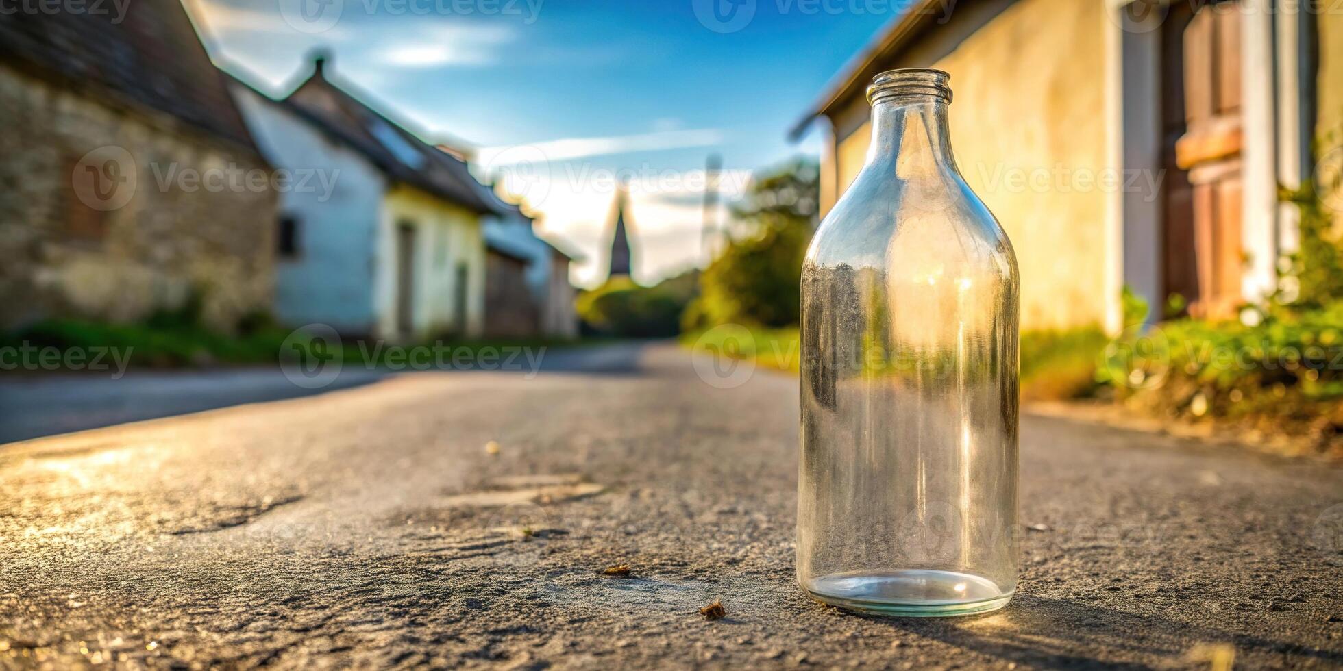 Country street scene featuring a decorative bottle vase, embodying comfort and minimalism. photo