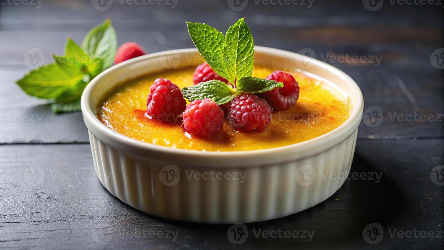 creme brulee dessert with raspberry and mint on top Low Angle photo