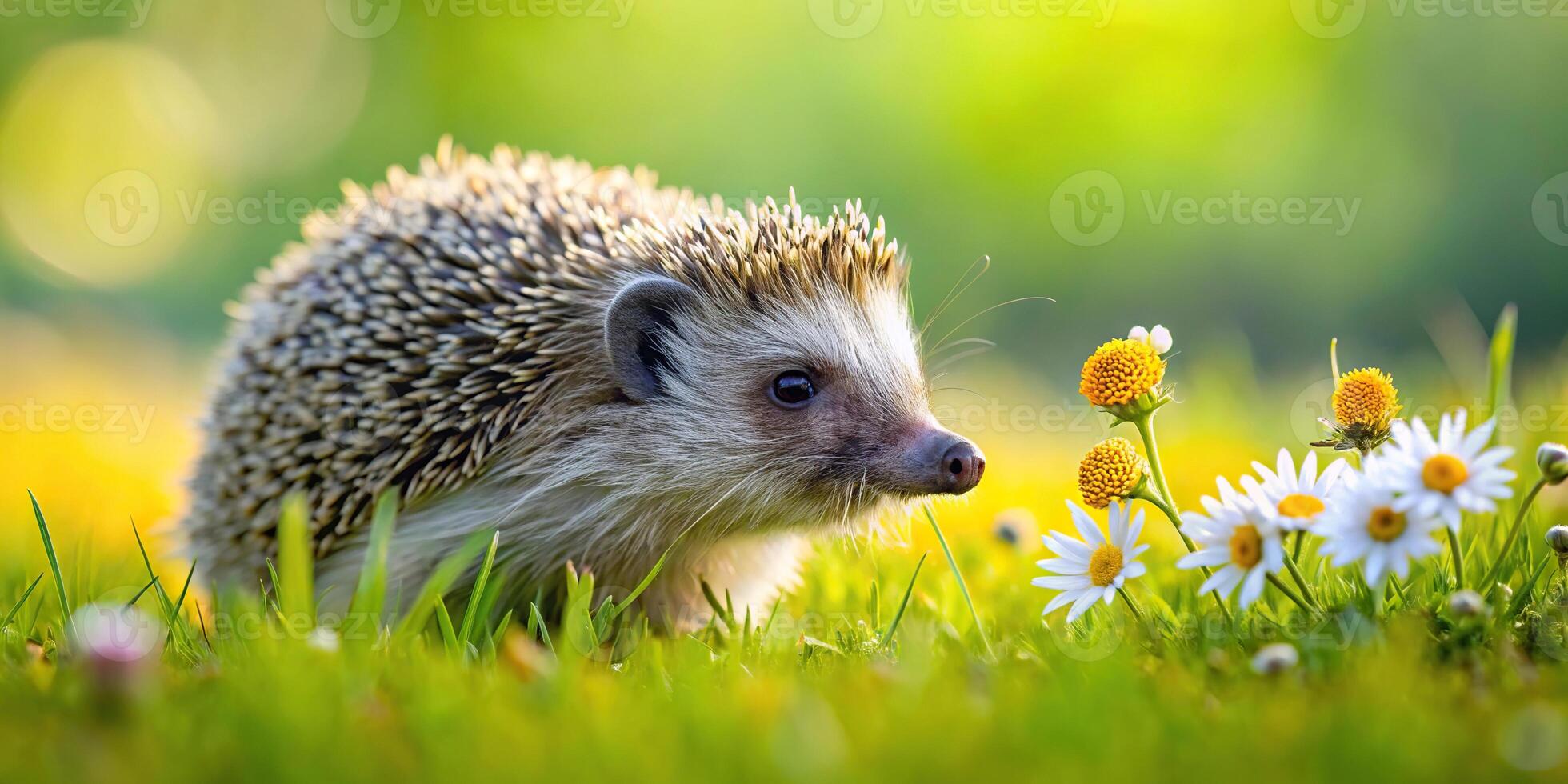 Dwarf hedgehog smelling flowers in meadow at tilted angle photo