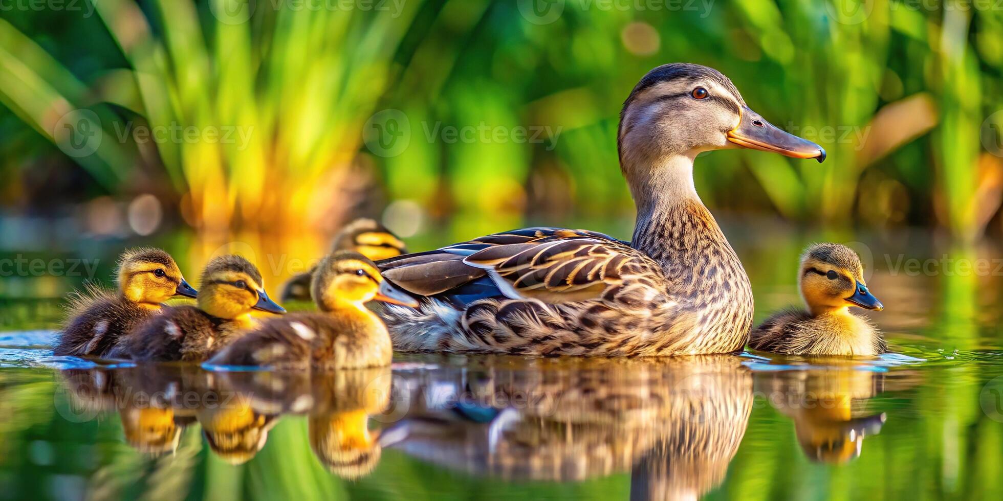 Duck and ducklings swimming in pond photo