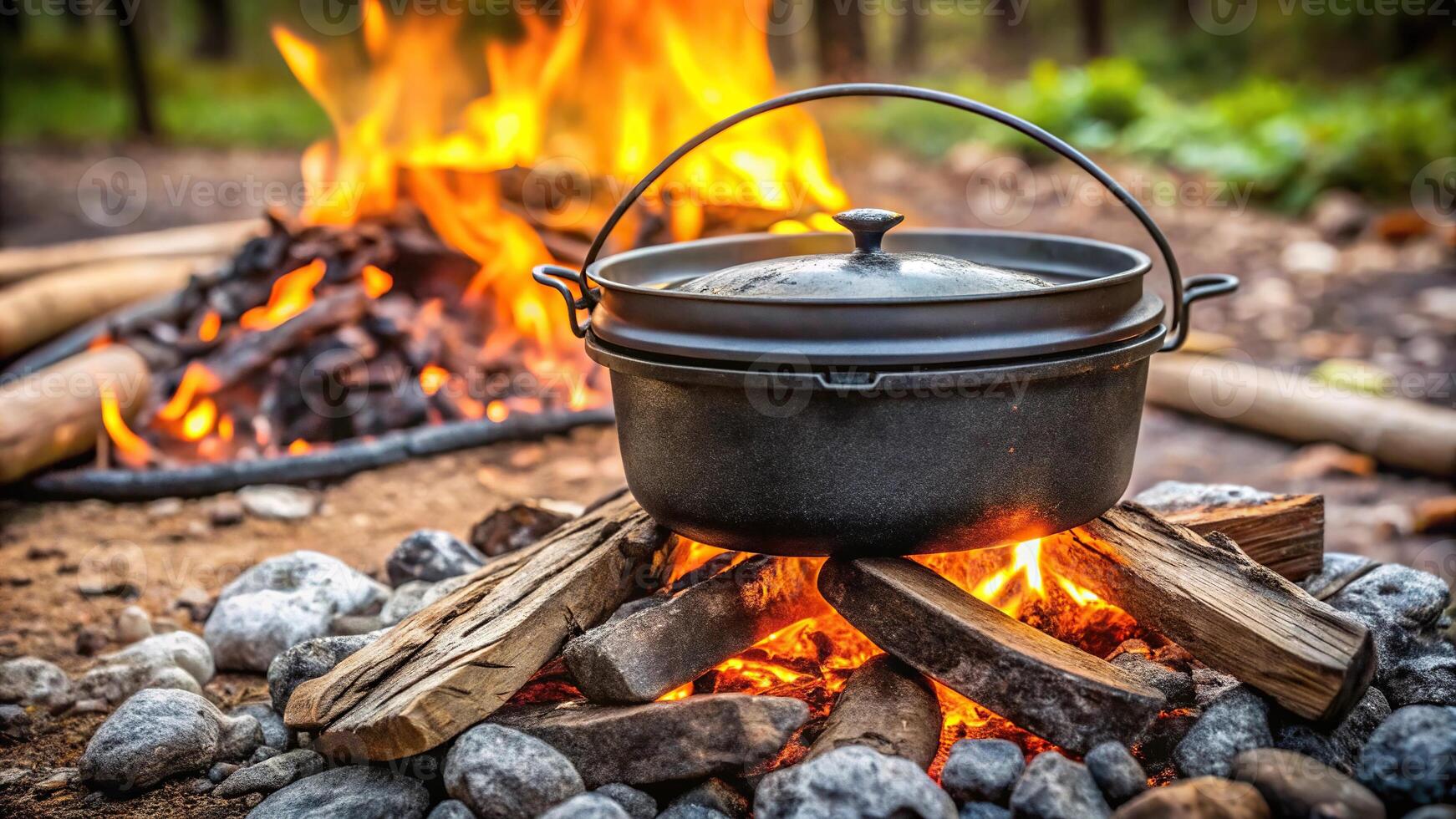 Dutch oven camp cooking with coal briquettes beads on top, Campfire in a firepit, Camping cooking, Minimalist photo