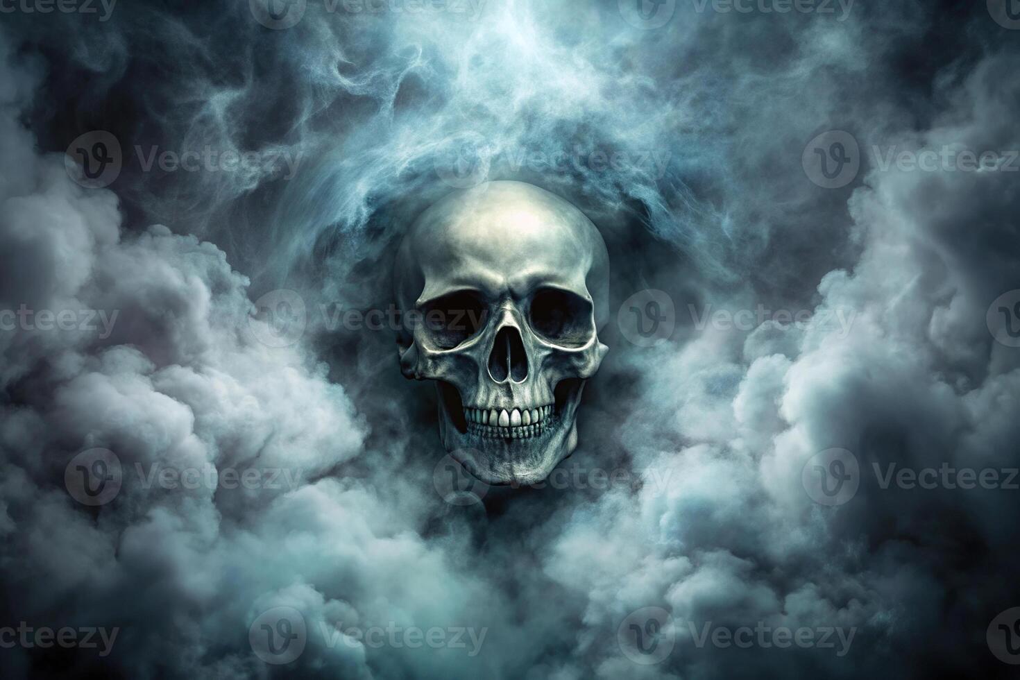 eerie skull emerging through smoky clouds photo