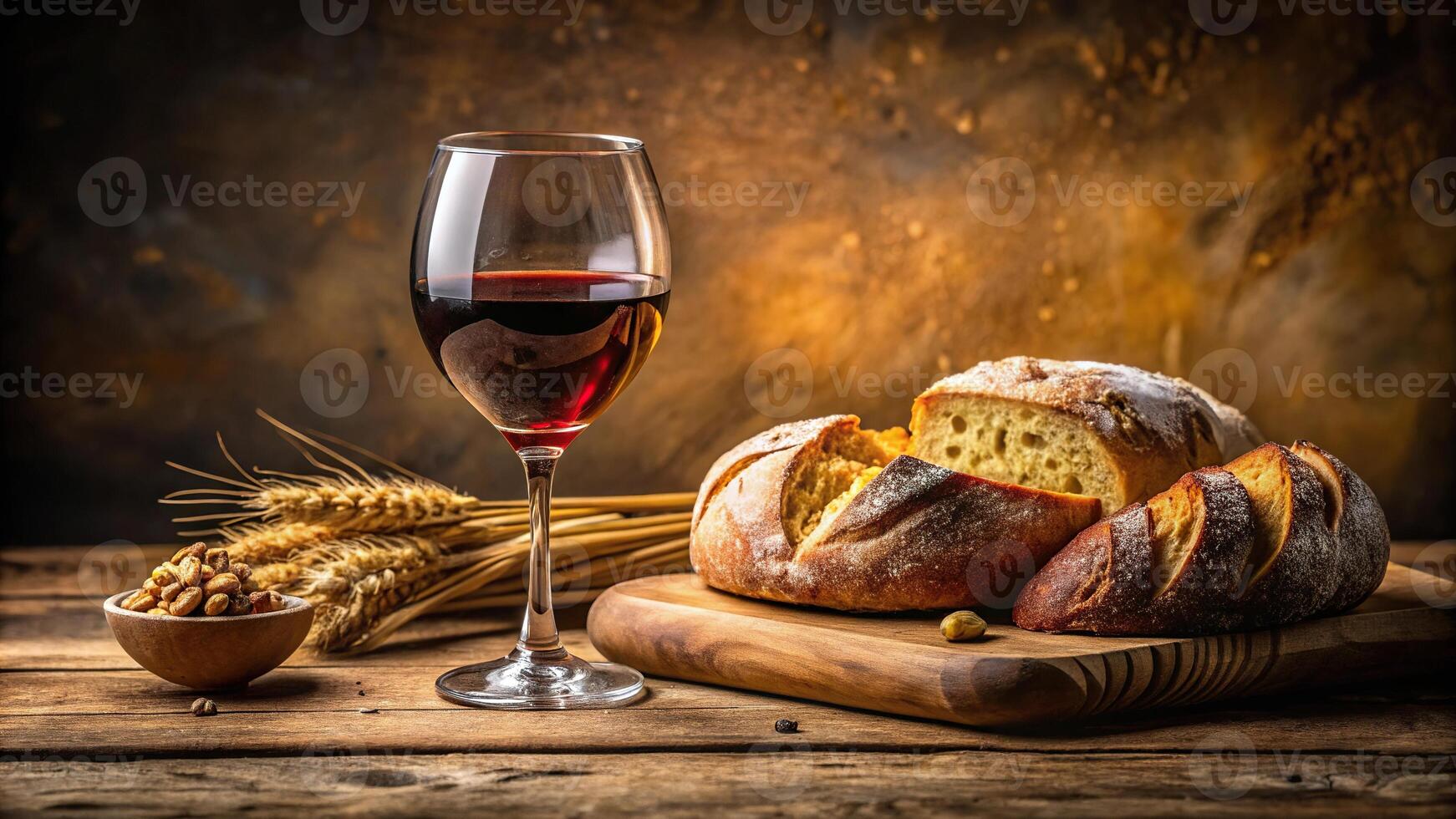 Depth of field shot of bread and wine on table in good lighting photo
