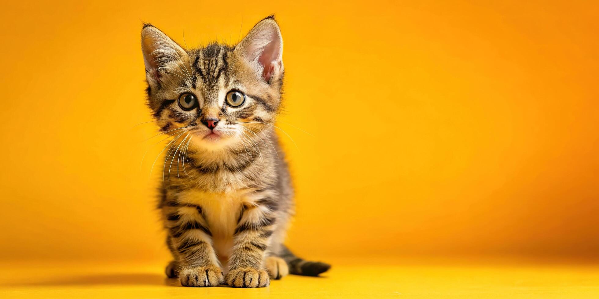 Cute striped kitten on yellow background photo