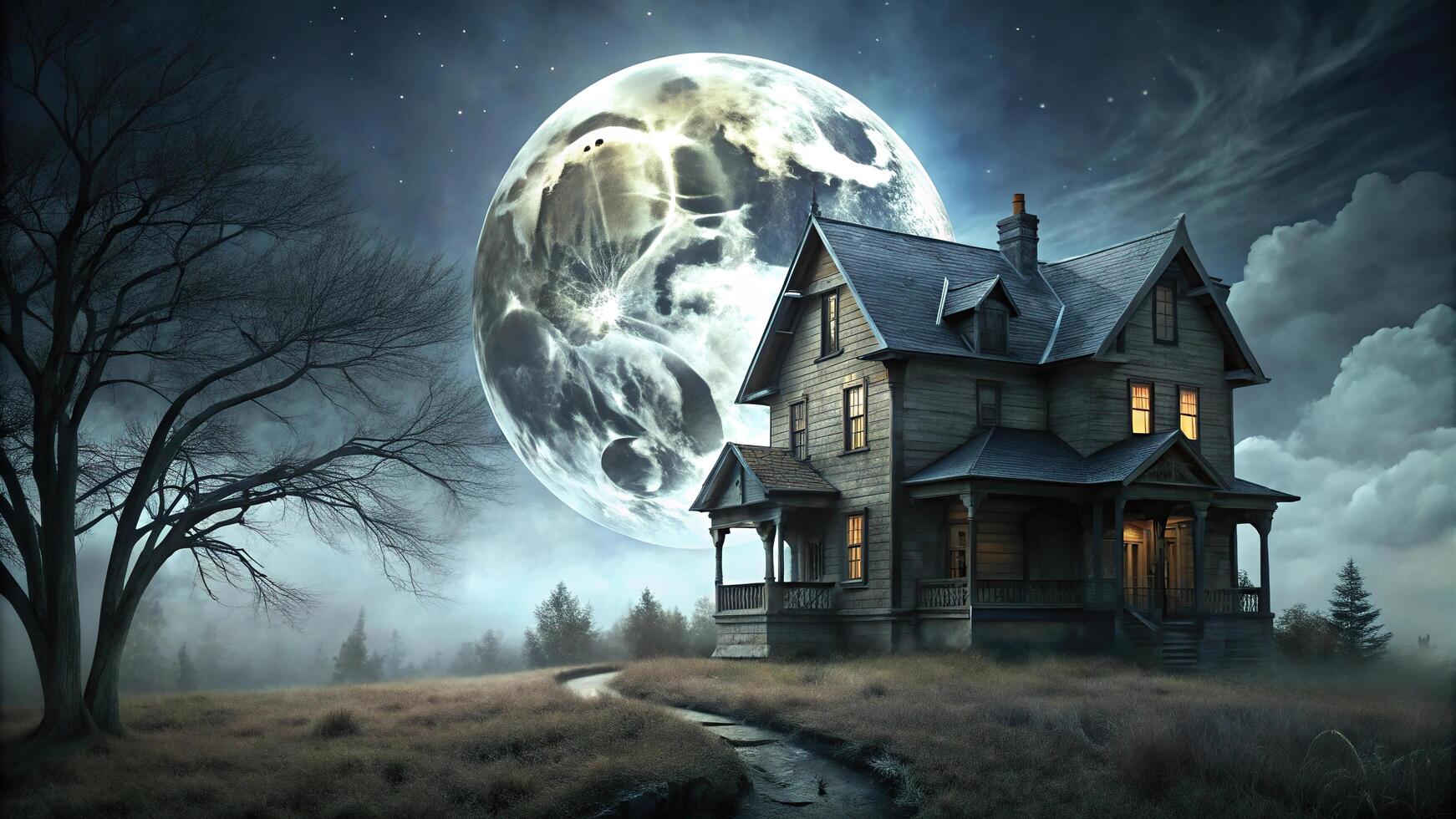 Creepy house with full moon Bird Eye View photo