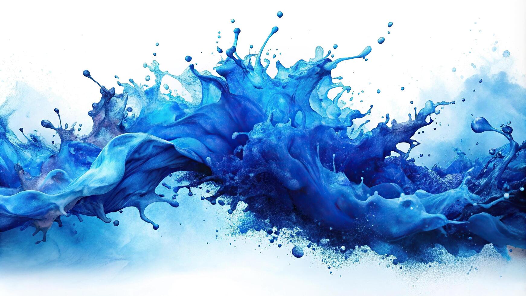 Dynamic blue ink and watercolor splash abstract art on white background wide-angle photo