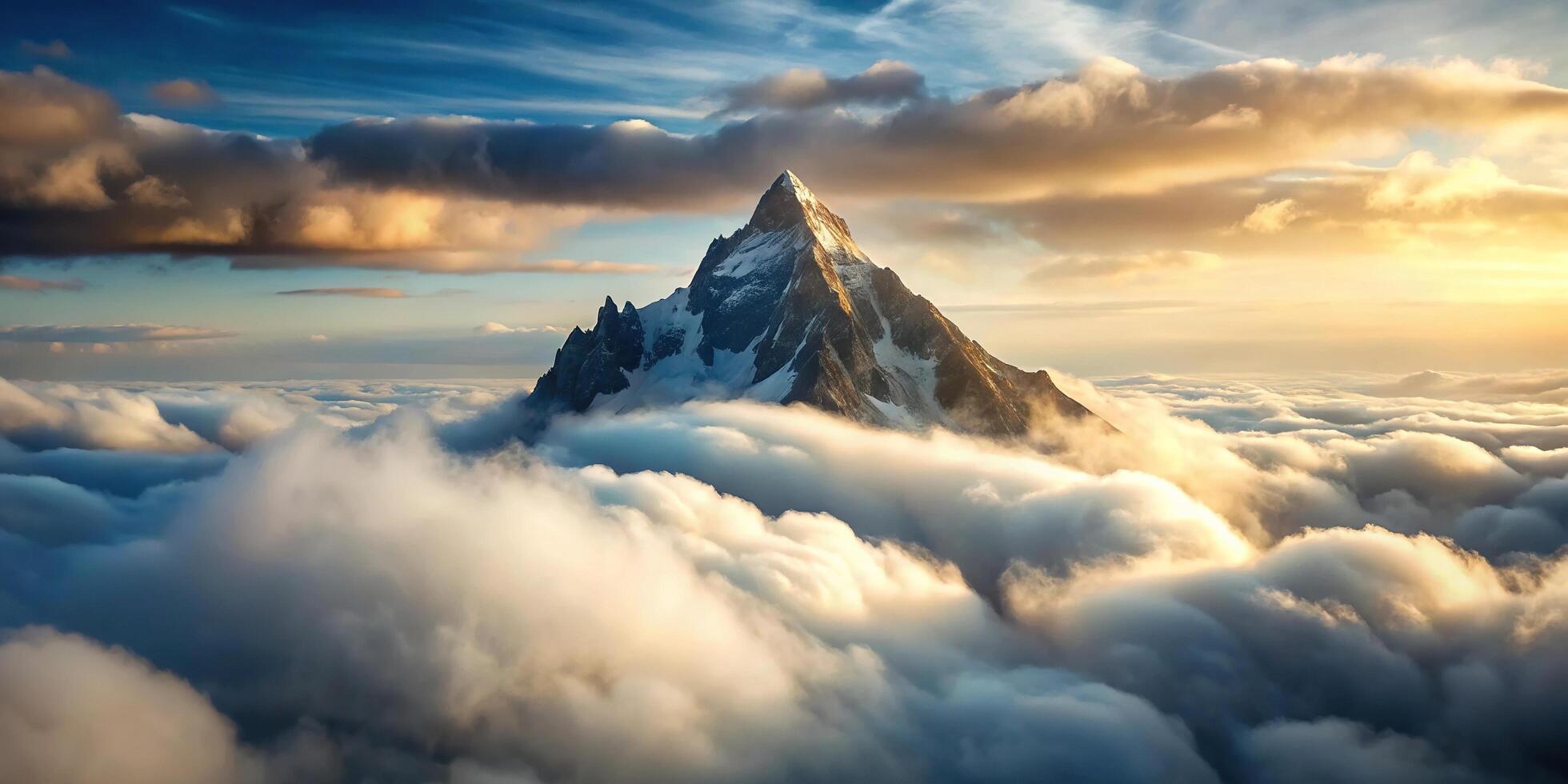 Depth of field view of a mountain peak surrounded by clouds, hyper realistic photo