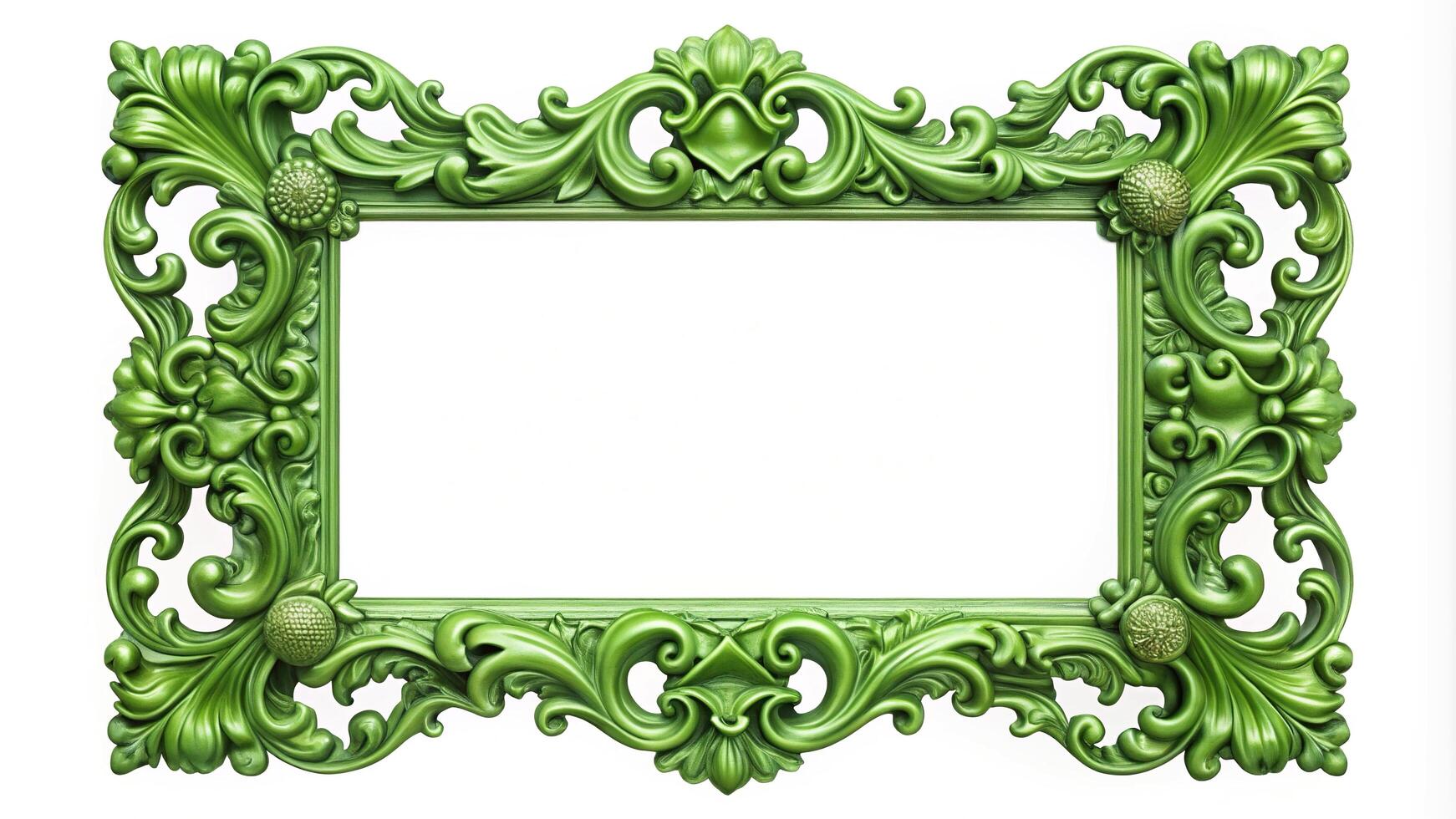 Elegant green ornate frame on white background with copy space symmetrical photo