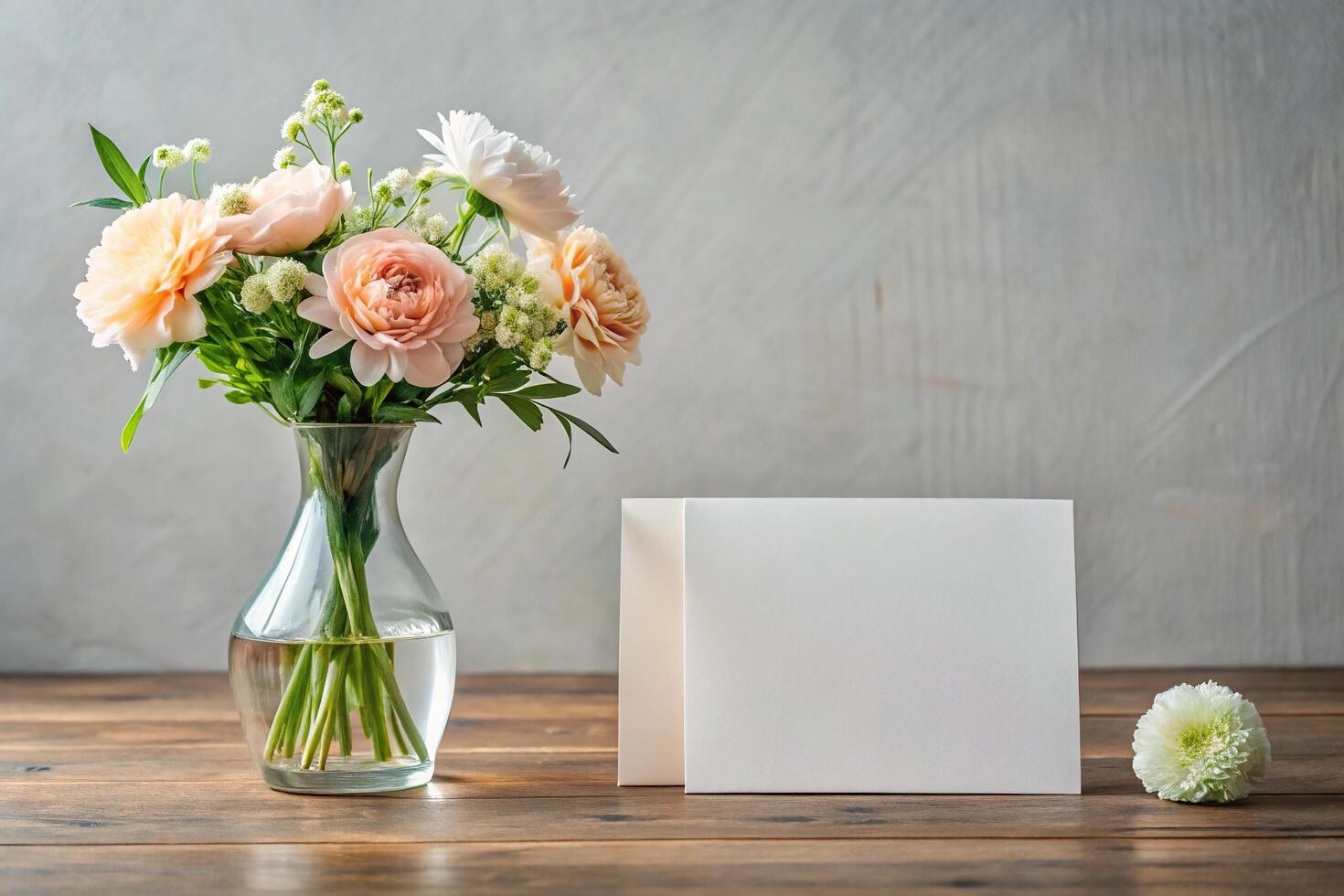 Elegant invitation mockup on empty table with flower vase photo