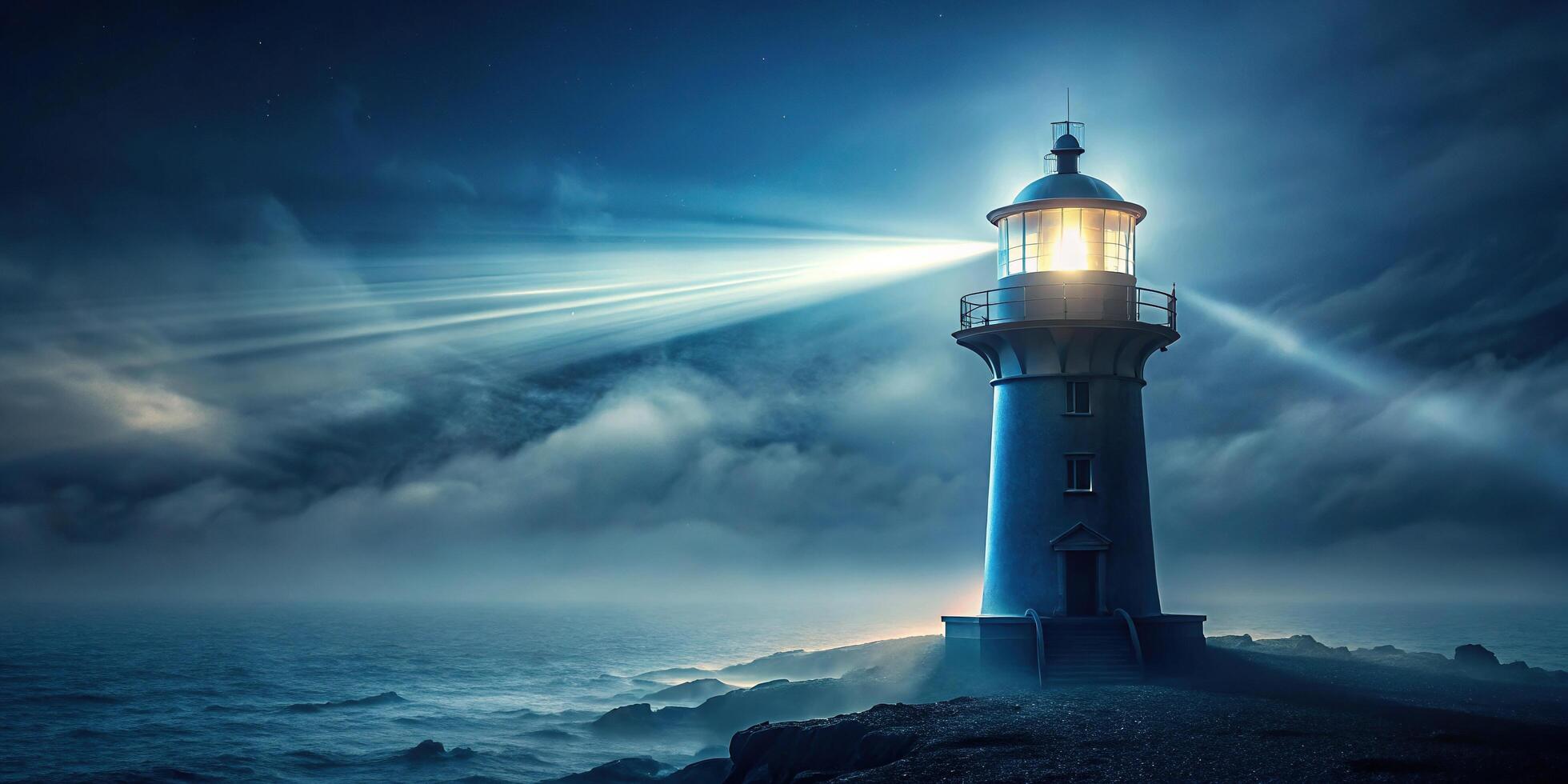 Eerie lighthouse in mist at night photo