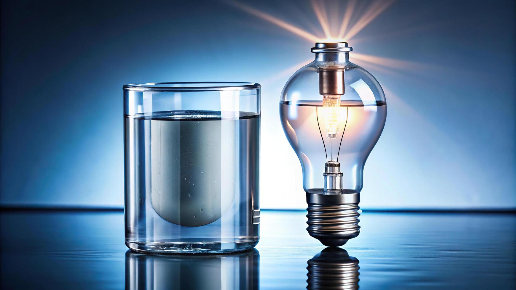 Electrolysis of water with battery and bulb lighting up a strong electrolyte burn photo