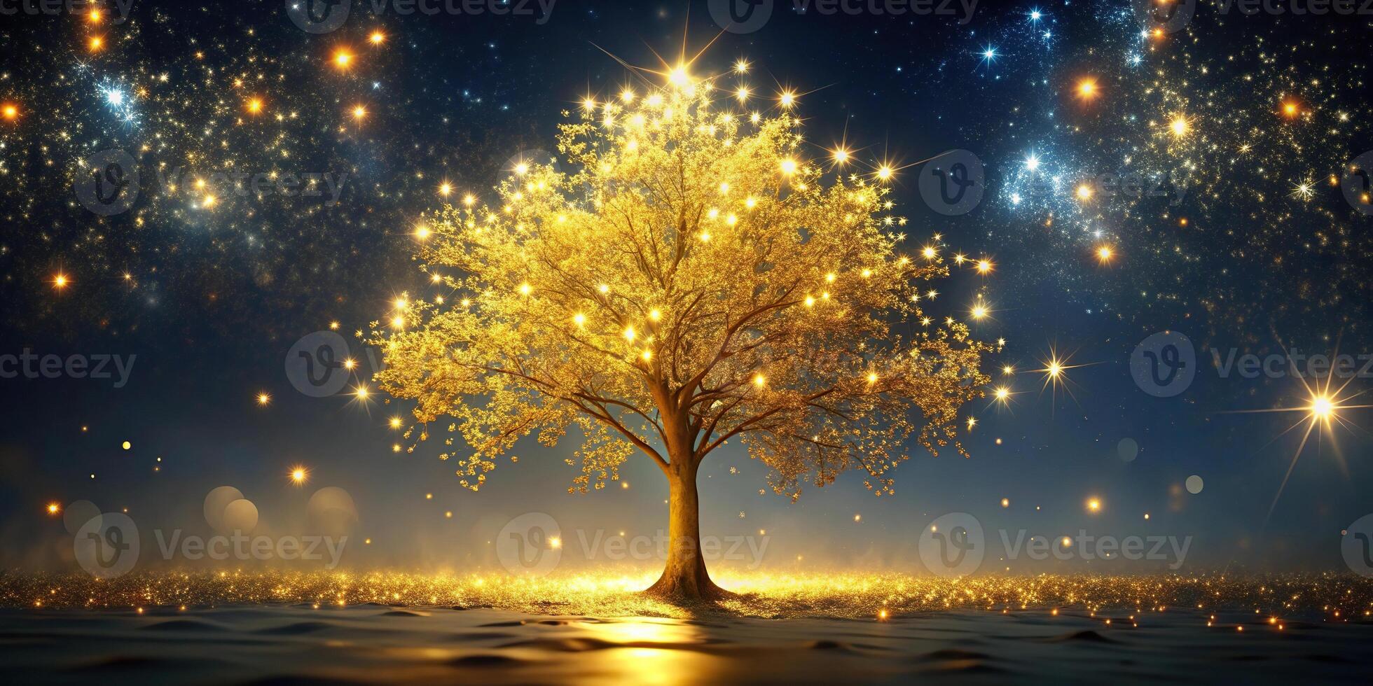 Depth of Field The Magical Golden Tree Illuminated Against a Night Sky With Sparkling Lights photo