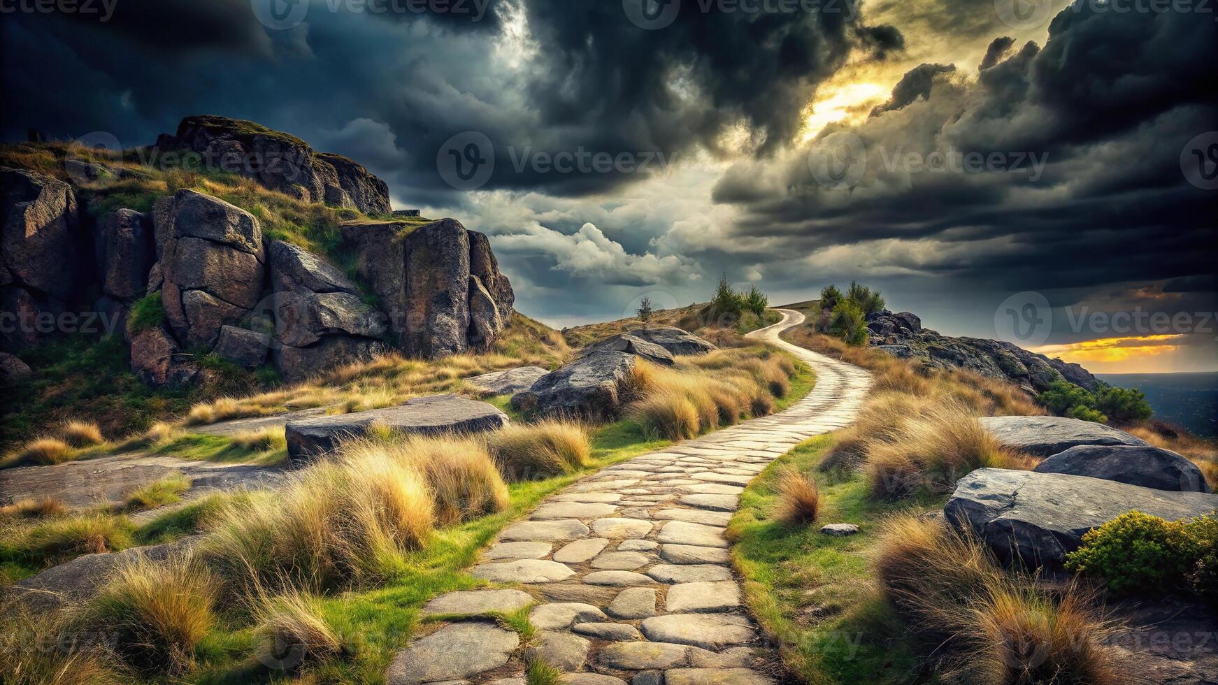 Dark pathway through stormy savannah landscape with rocky cliffs and stones photo
