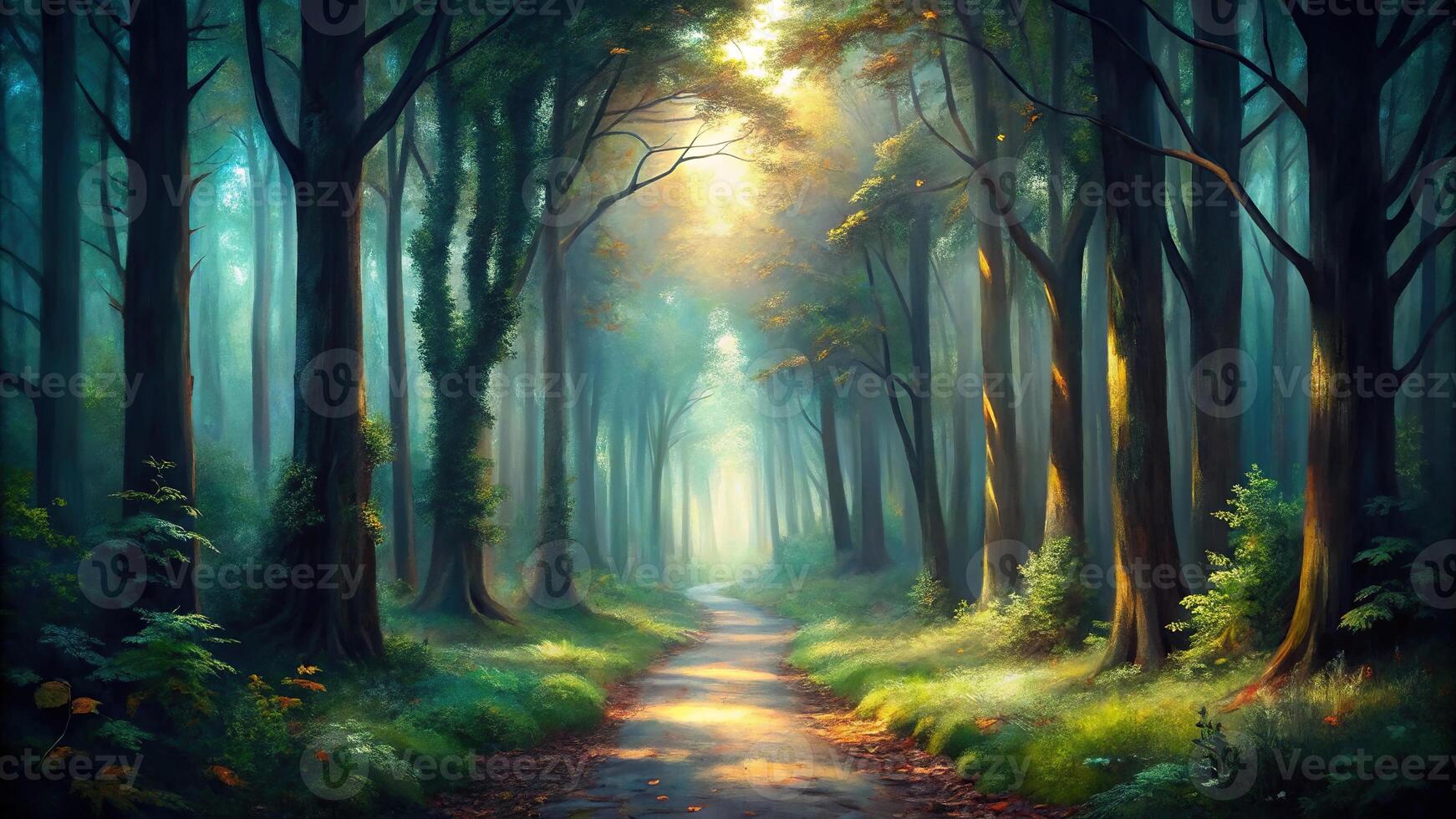 Dark, mysterious path leading through dense forest photo