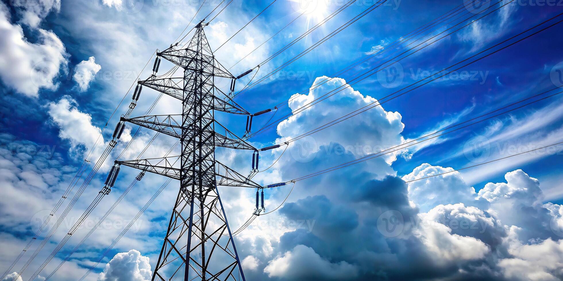 Electrical pole high voltage in white cloud and blue sky Worm's Eye View photo