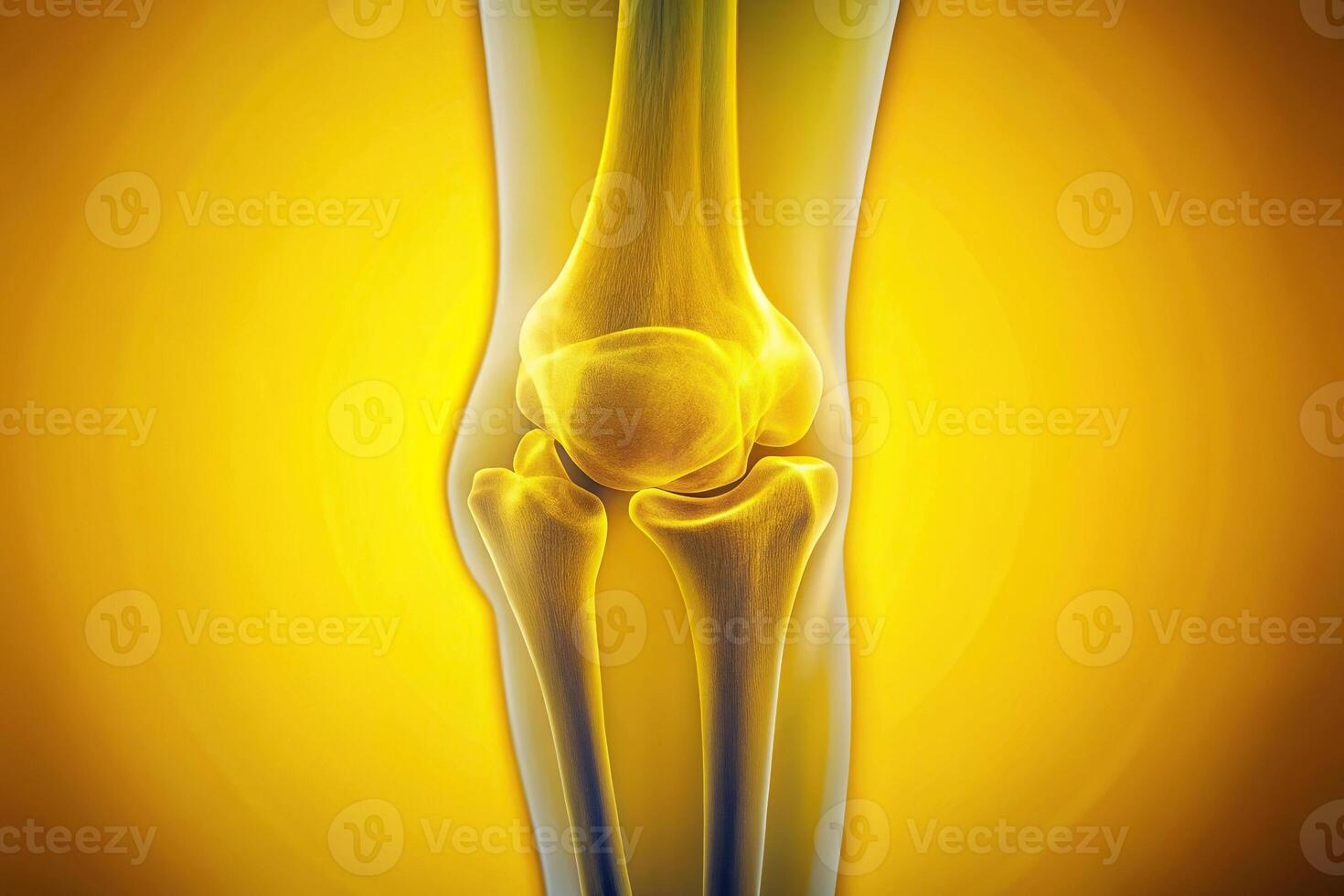 3D knee x ray image showing visible patella against a solid yellow background with shallow depth of field. photo