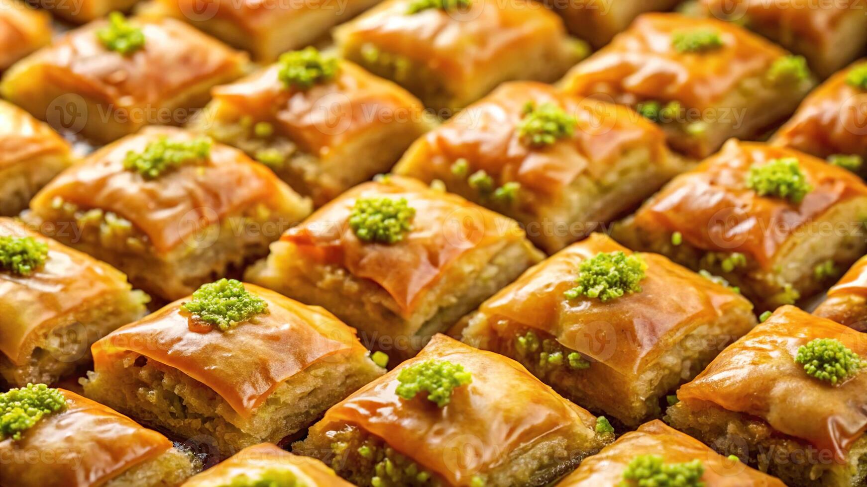 Delicious baklava with honey on table closeup photo