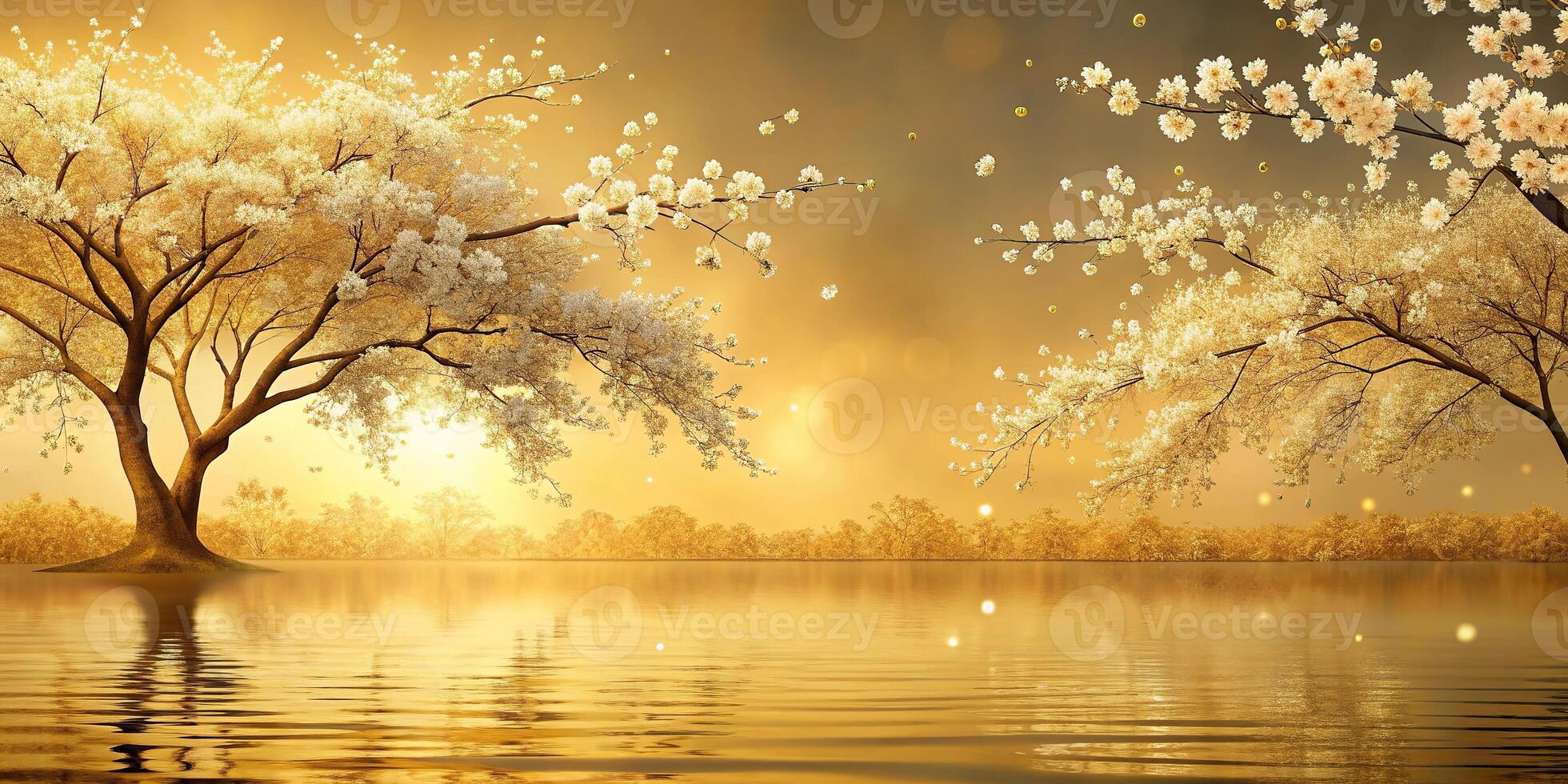 Elegant abstract golden landscape with cherry blossoms Panoramic photo