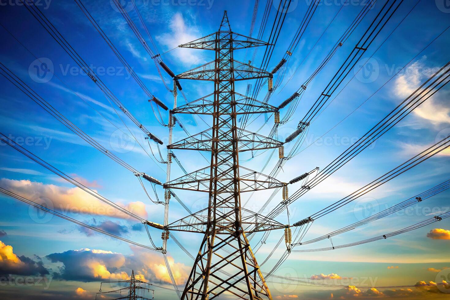 Electricity pylon with multiple cables in the background, fuel and power generation photo