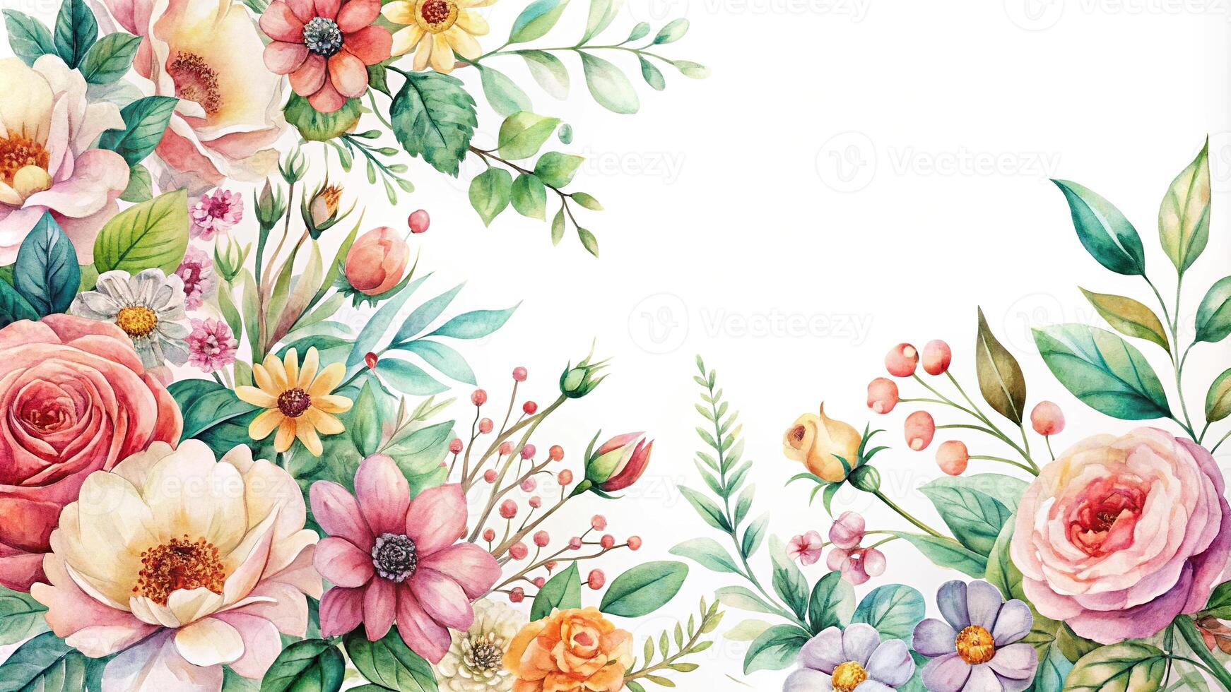Delicate watercolor painting of flowers and foliage on white background photo