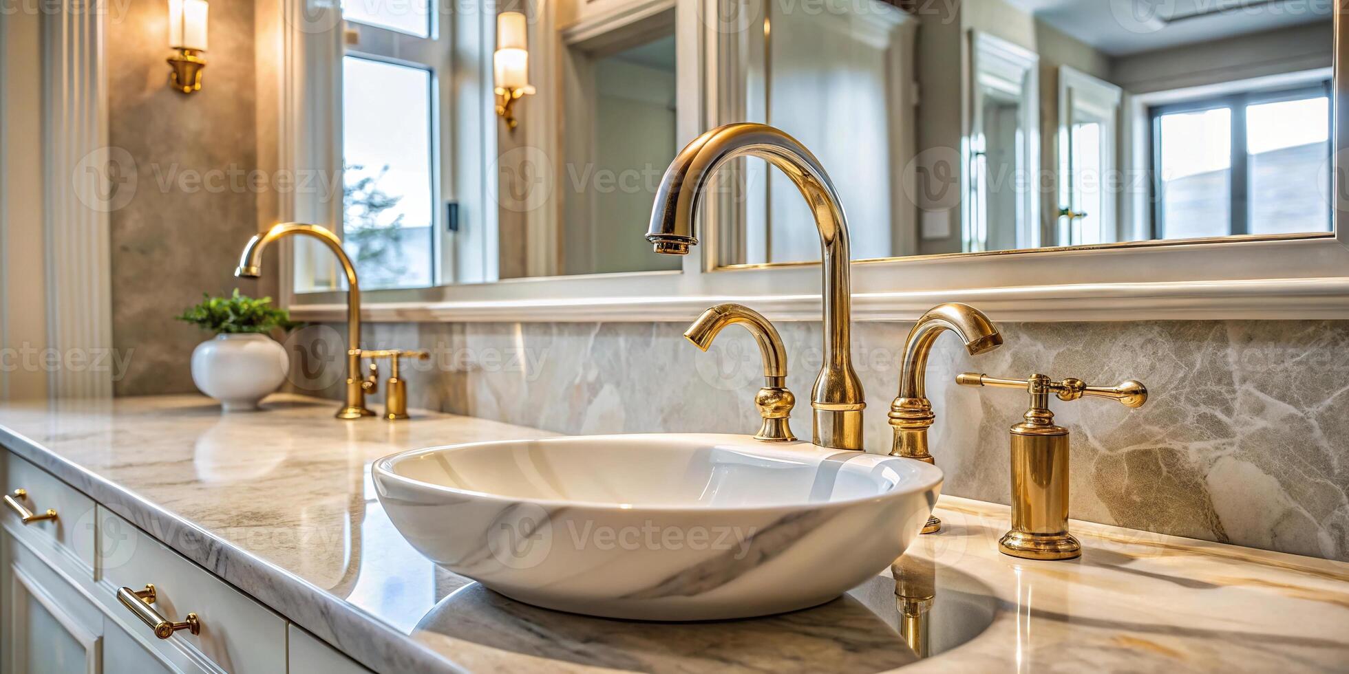 Elegant bathroom with marble sink and stylish faucet photo