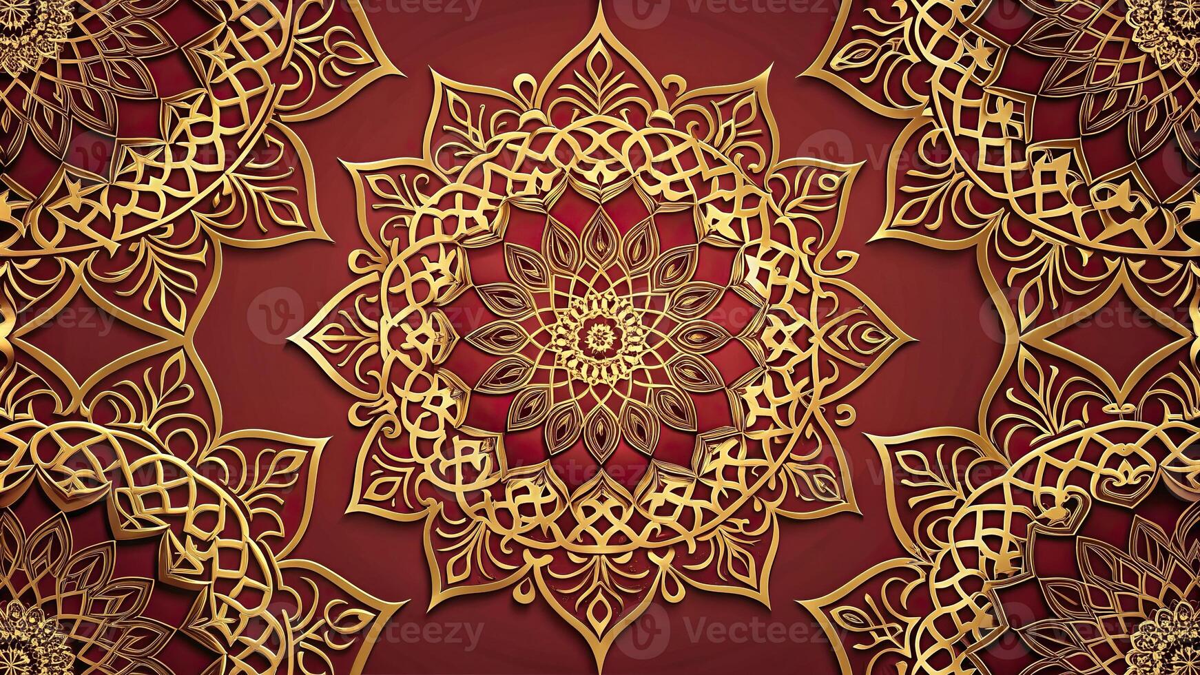 Elegant Arabic pattern with intricate floral motifs in gold and beige on a rich red background High Angle photo