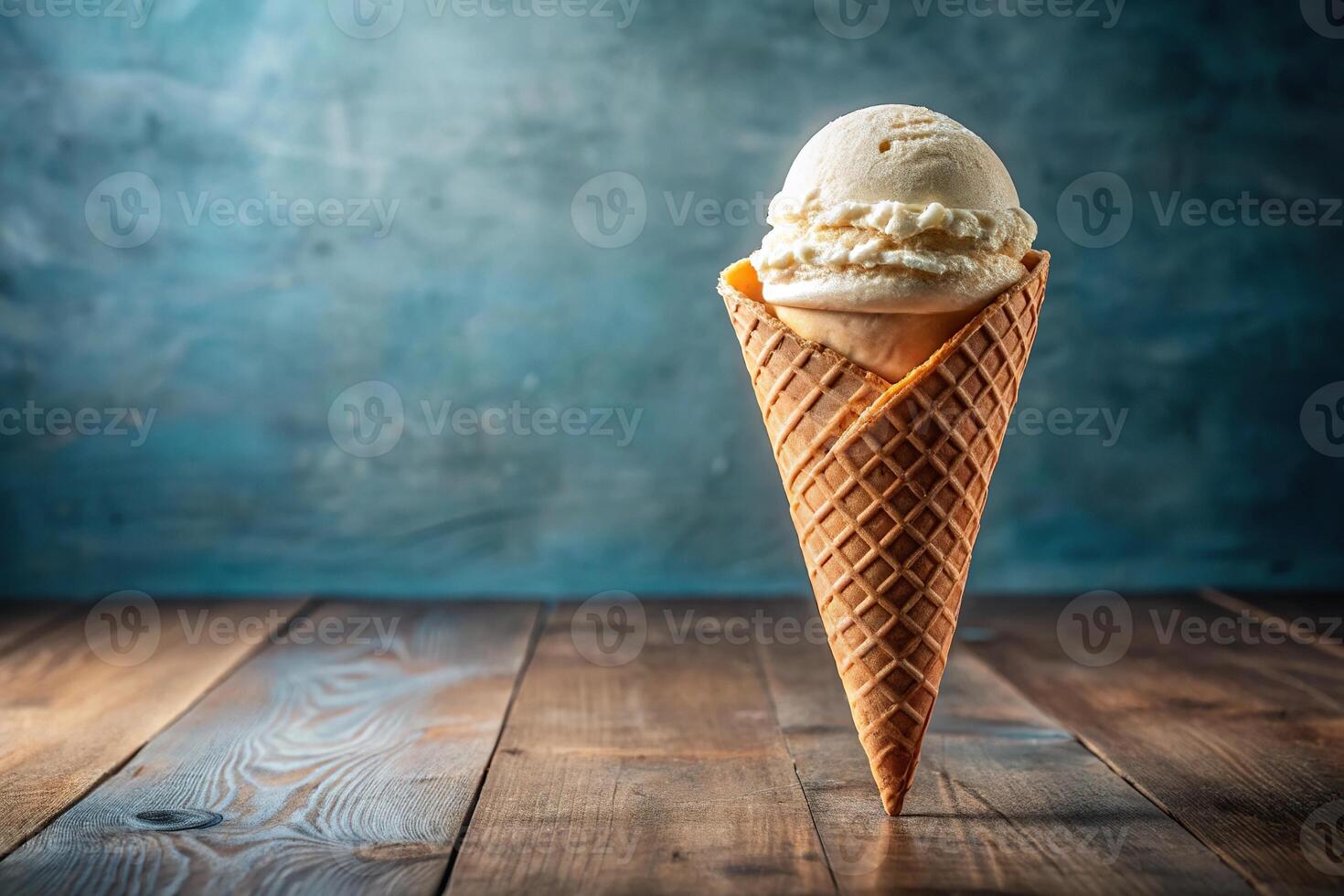 Creamy cone of vanilla ice cream with a delicious scoop photo