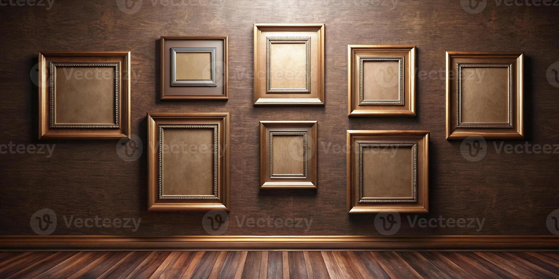 Elegant gallery mockup with bronze frames on rich brown wall background photo