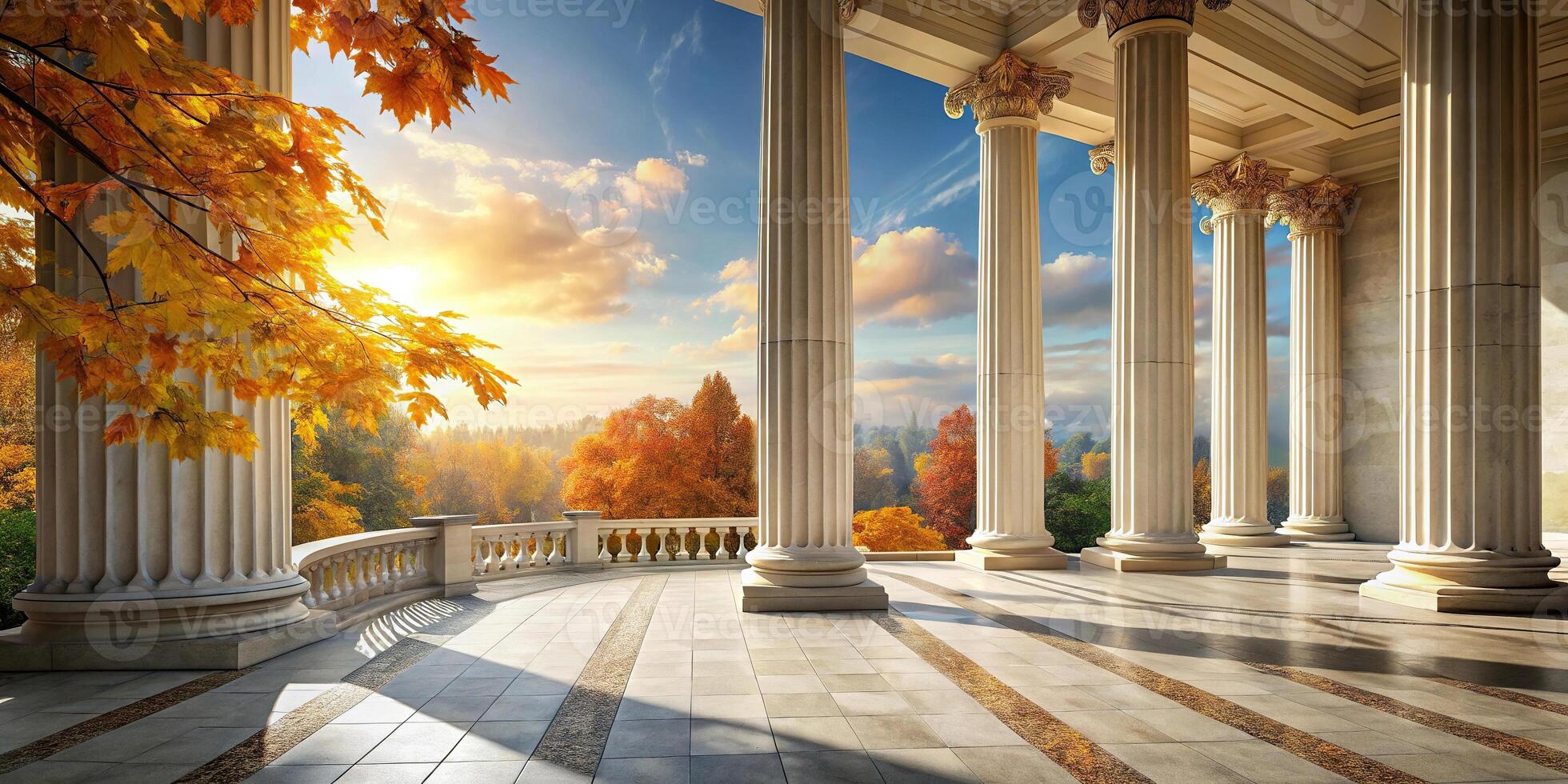 Elegant marble platform with autumn leaves and classical columns in sunlit courtyard low angle photo