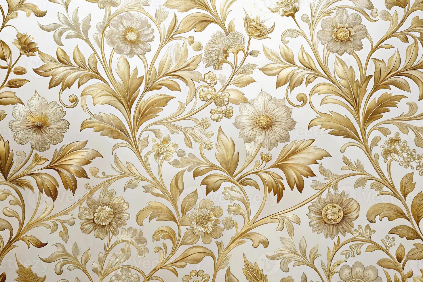 Elegant metallic floral wallpaper in white and gold composition, medium shot photo