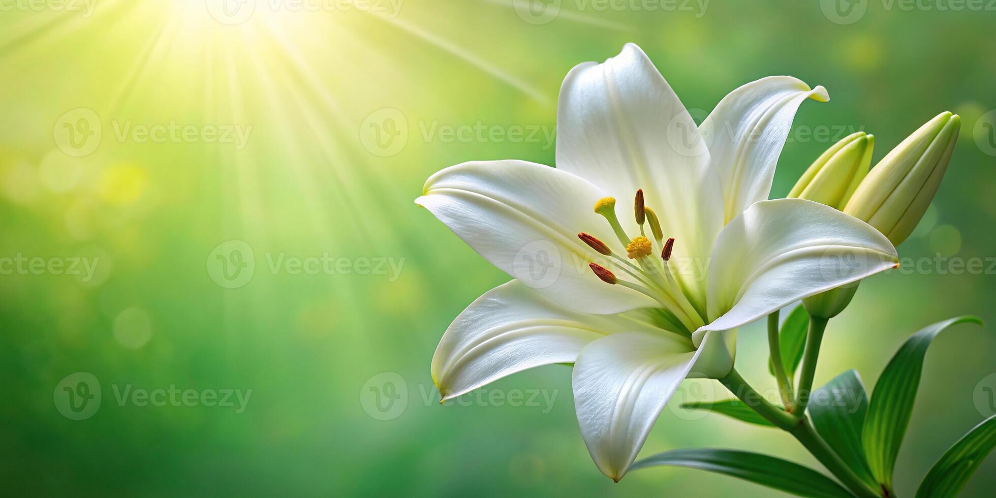 Elegant image of White Madonna lily with reflection on green background photo