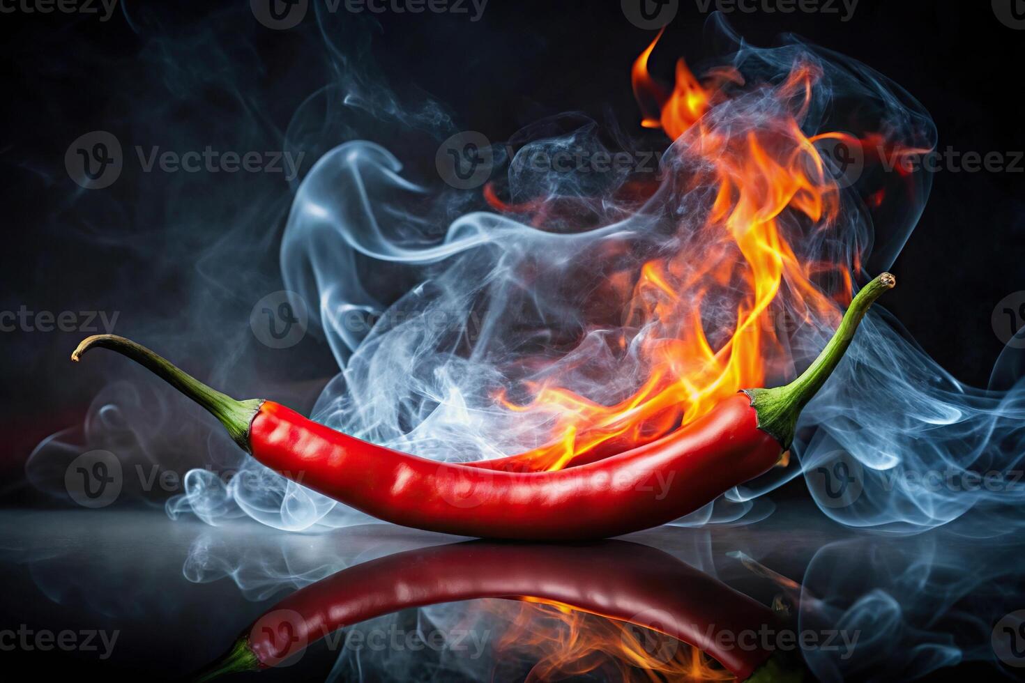 Panoramic red hot chili with flaming smoke effect, ideal for culinary themes photo