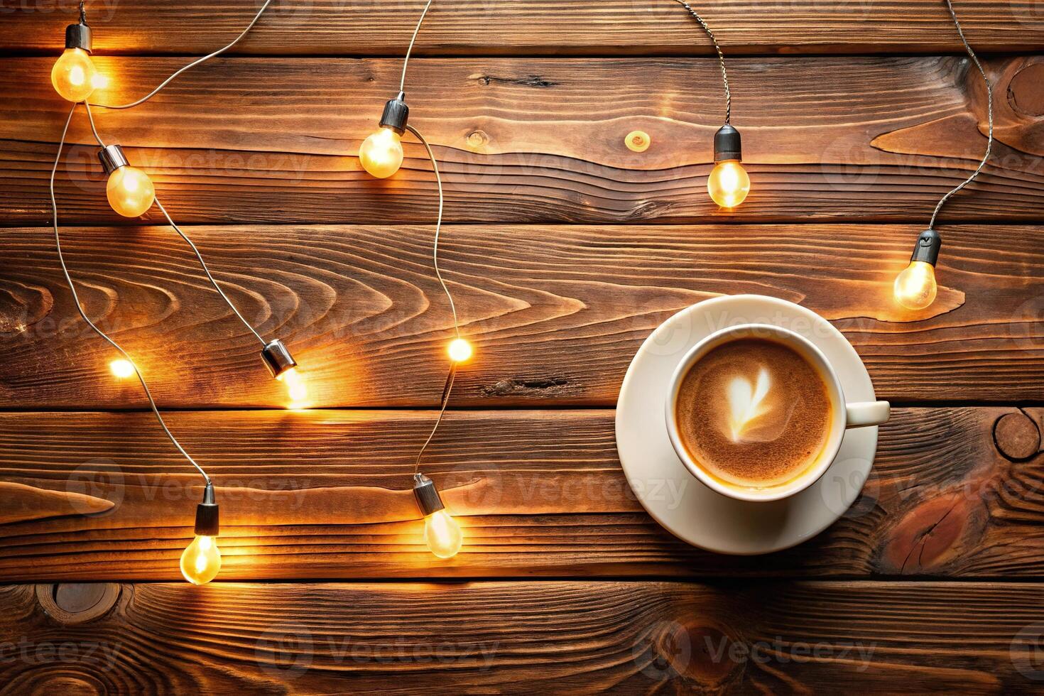 Cup of coffee with lights on a wooden background in Boho style with a wide-angle shot photo