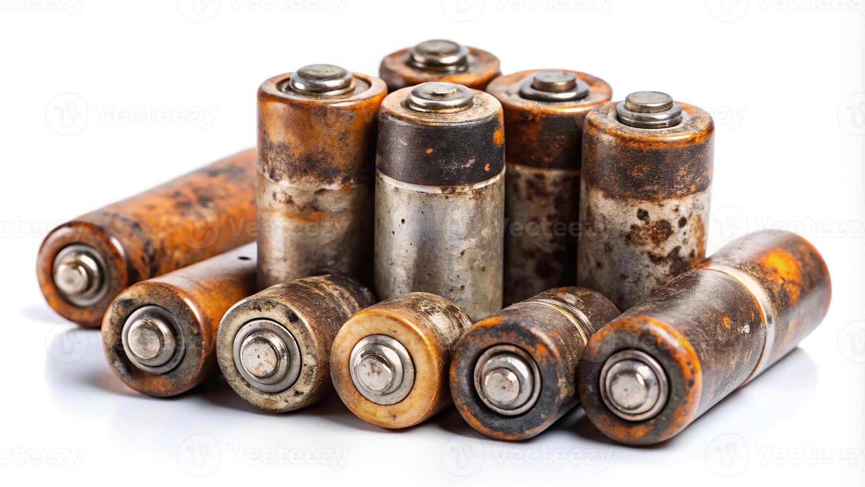 Damaged and corroded batteries on white background photo