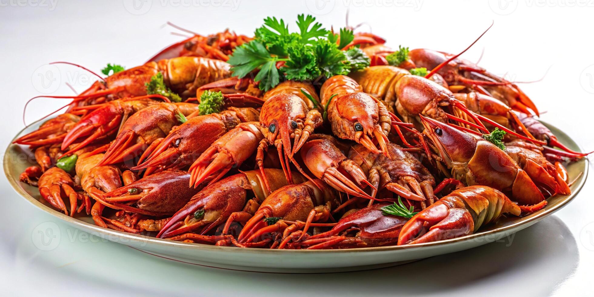 Delicious boiled crayfish on a platter for a cooked seafood dinner viewed from a worm's eye view photo