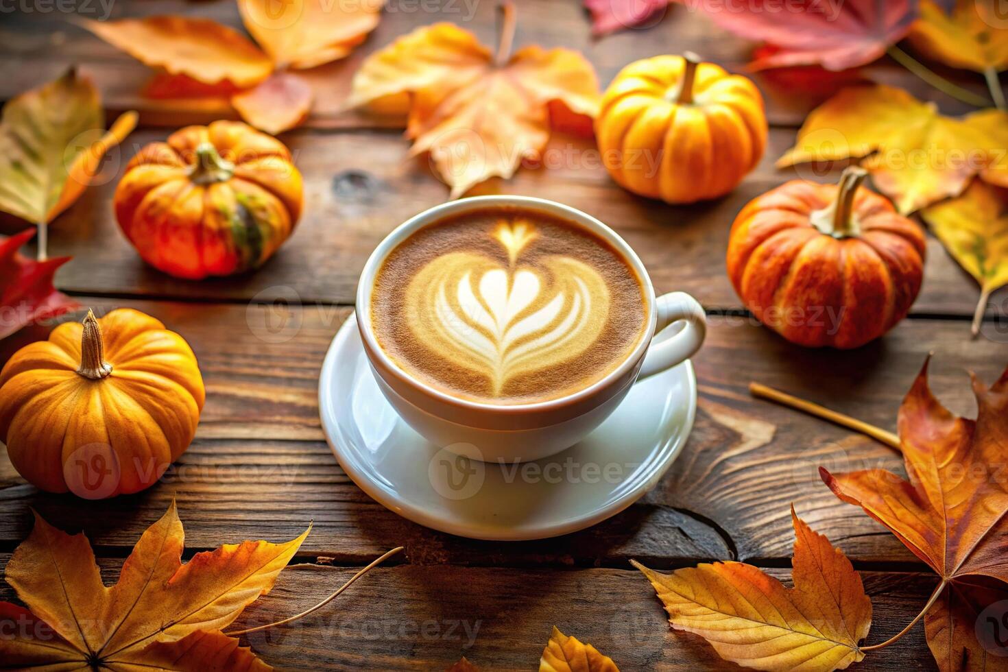 Cozy autumn coffee scene with heart latte art pumpkins photo