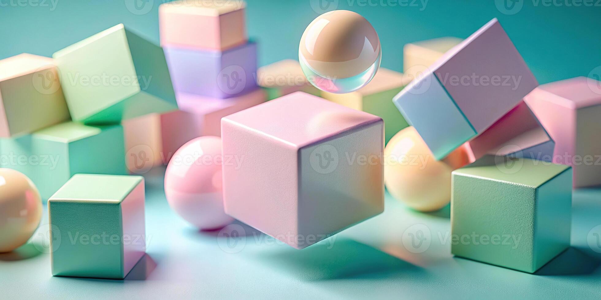 3D render of pastel colored cubes and floating sphere macro photo