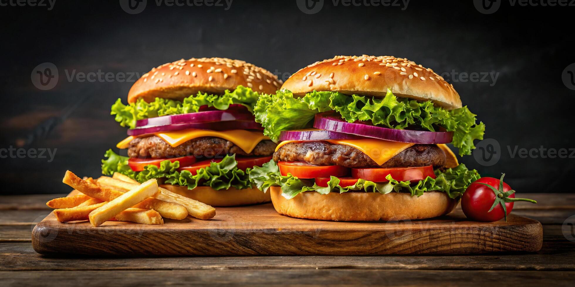 Delicious hamburger and double burger with meat, salad, cheese, tomato, onion, and french fries on wooden surface and black background photo
