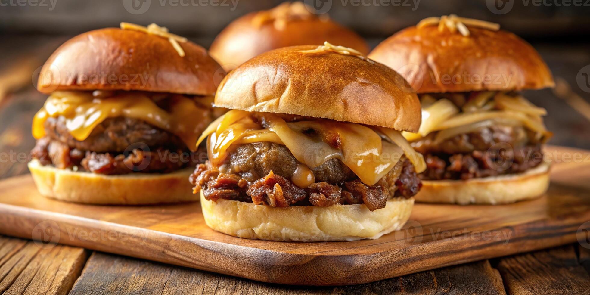 Delicious gourmet beef sliders topped with cheese and caramelized onions photo