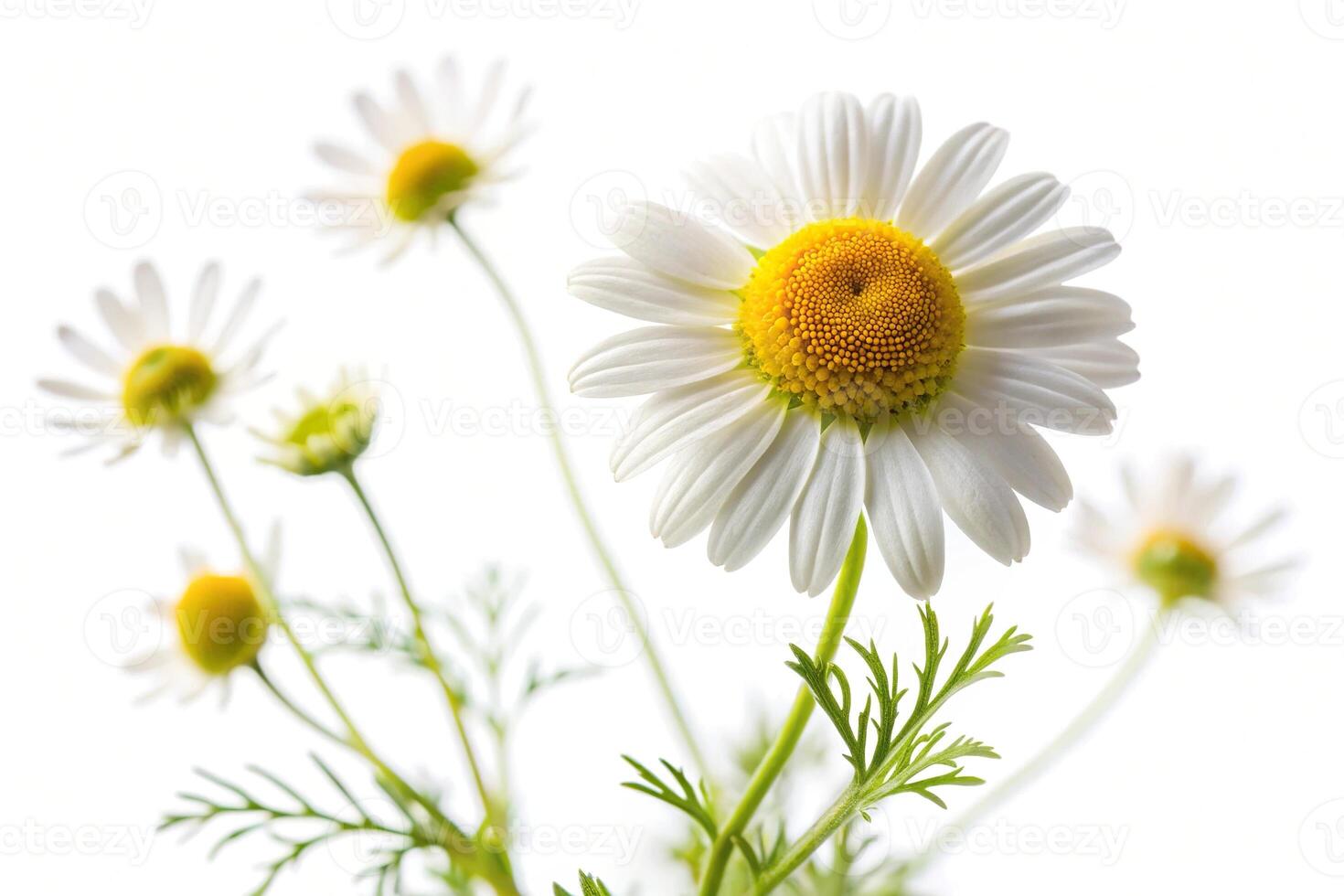 Low angle view of isolated chamomile plant on white background photo